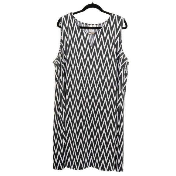 Tacera Black White Chevron Pattern Sleeveless Shift Dress Plus Size 3X - Picture 2 of 9